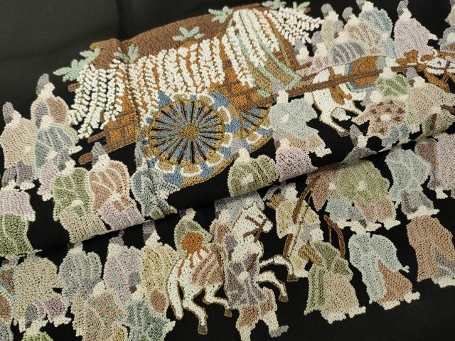 平和屋着物●中国三大刺繍 相良刺繍 総刺繍 黒留袖 大名行列 正絹 逸品 CABJ6543ut