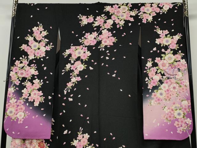 平和屋着物●豪華振袖 駒刺繍 枝花鞠文 暈し染め 黒地 銀通し地 正絹 逸品 CABJ6550ut