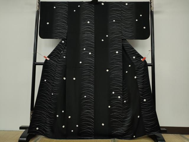 平和屋着物●上質な小紋 絞り 芝草文 黒地 正絹 逸品 CABJ6551ut