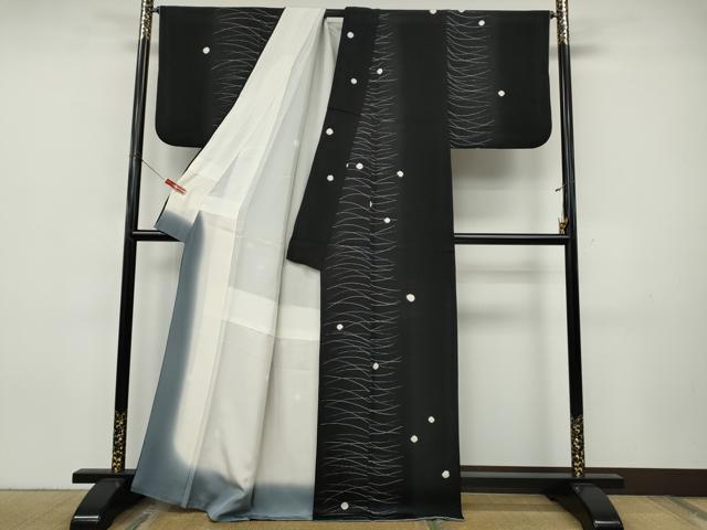 平和屋着物●上質な小紋 絞り 芝草文 黒地 正絹 逸品 CABJ6551ut