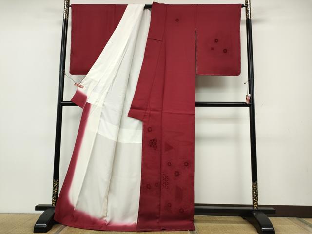 平和屋着物●無地絵羽訪問着 ビロード 屏風花地紋 真紅色 ロング丈 正絹 逸品 CABJ6560ut