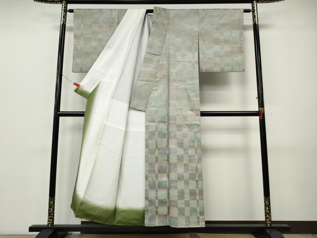 平和屋着物●訪問着 紬地 格子柄 正絹 逸品 CABJ6641ut