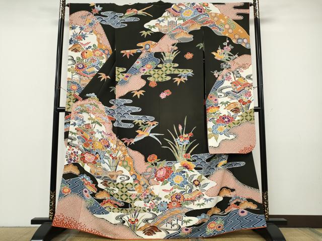 平和屋着物●豪華振袖 紅型 風景草花文 正絹 逸品 CABJ6646ut