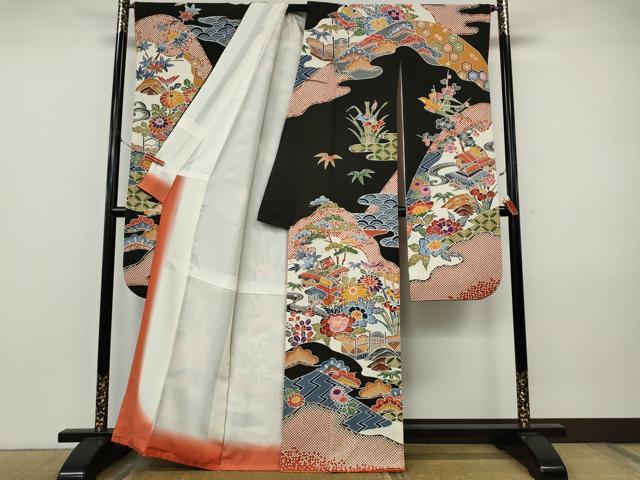 平和屋着物●豪華振袖 紅型 風景草花文 正絹 逸品 CABJ6646ut