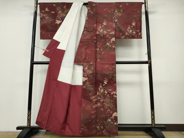 平和屋着物●訪問着 紬地 鶴流水草花文 正絹 逸品 CABJ6648ut