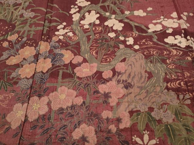 平和屋着物●訪問着 紬地 鶴流水草花文 正絹 逸品 CABJ6648ut