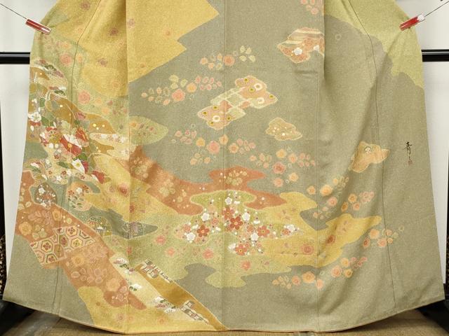 平和屋着物●京友禅の第一人者 松井青々 訪問着 駒刺繍 エ霞花文 金銀彩 正絹 逸品 CABJ6663ut