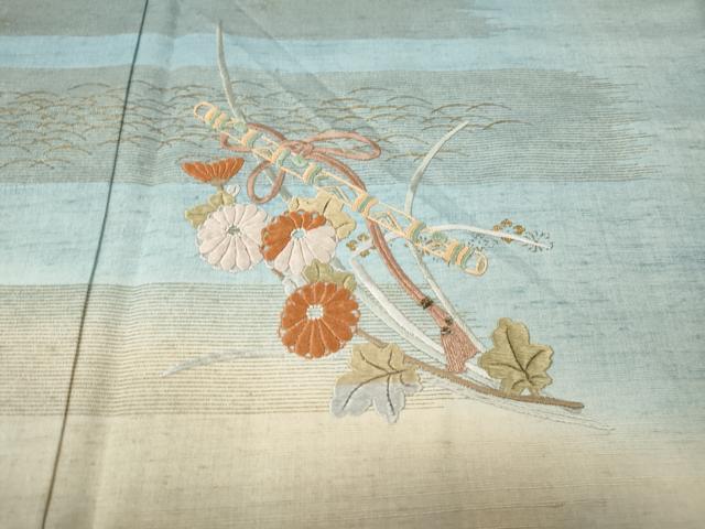 平和屋着物●訪問着 紬地 刺繍 横笛花文 金彩 正絹 逸品 CABJ6683ut