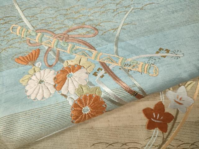 平和屋着物●訪問着 紬地 刺繍 横笛花文 金彩 正絹 逸品 CABJ6683ut