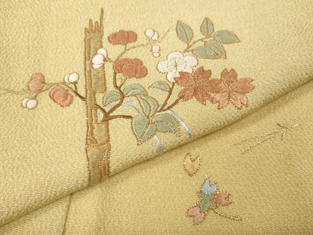 平和屋着物●訪問着 総刺繍 駒刺繍 こぼれ松葉枝花文 鬼しぼ縮緬 正絹 逸品 CABJ6690ut