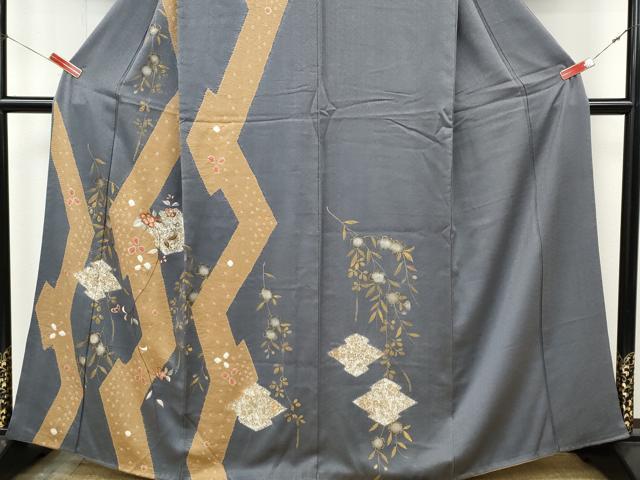 平和屋着物●訪問着 絞り 刺繍 松皮菱枝花文 金彩 正絹 逸品 CABJ6706ut