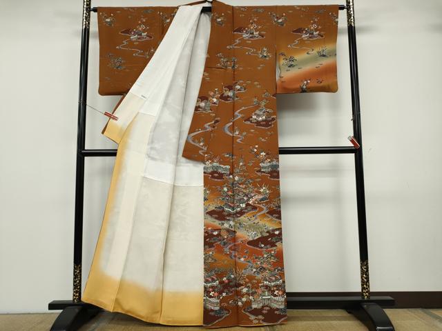 平和屋着物●訪問着 型染め 流水風景花文 暈し染め 正絹 逸品 CABJ6766ut