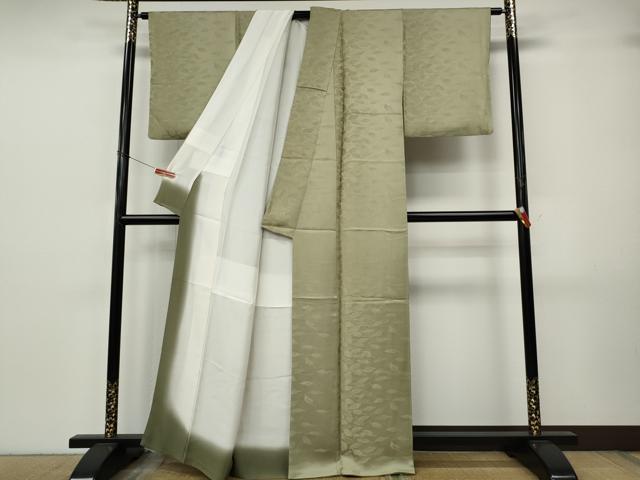 平和屋着物●染師 故・山代谷隆 色無地 舞葉地紋 利休色 正絹 逸品 CABJ6772ut