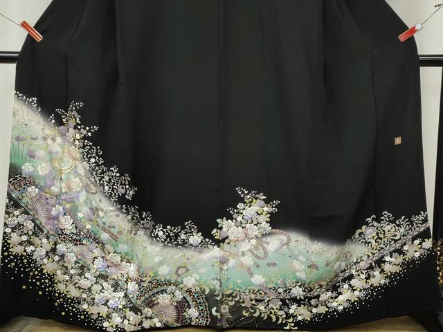 平和屋着物●ブライダルファッションデザイナー・桂由美 黒留袖 舞花文 暈し染め 金銀彩 正絹 逸品 CABJ6779ut