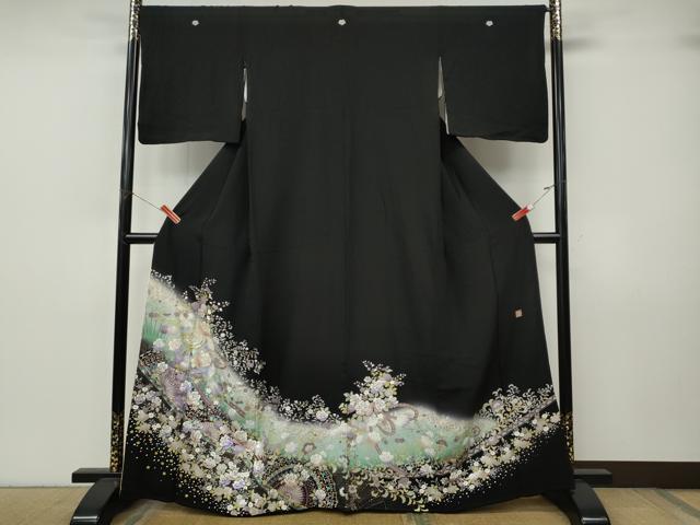 平和屋着物●ブライダルファッションデザイナー・桂由美 黒留袖 舞花文 暈し染め 金銀彩 正絹 逸品 CABJ6779ut