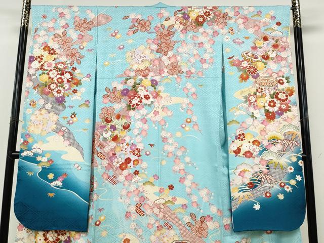 平和屋着物●豪華振袖 駒刺繍 貝桶草花文 暈し染め 金銀彩 正絹 逸品 CABJ6792ut