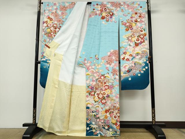 平和屋着物●豪華振袖 駒刺繍 貝桶草花文 暈し染め 金銀彩 正絹 逸品 CABJ6792ut