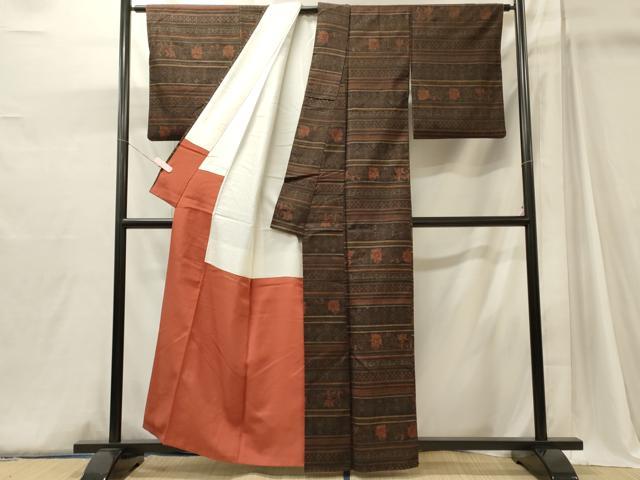 平和屋着物■上質な紬 横段花唐草文 正絹 逸品 CABJ6924oy