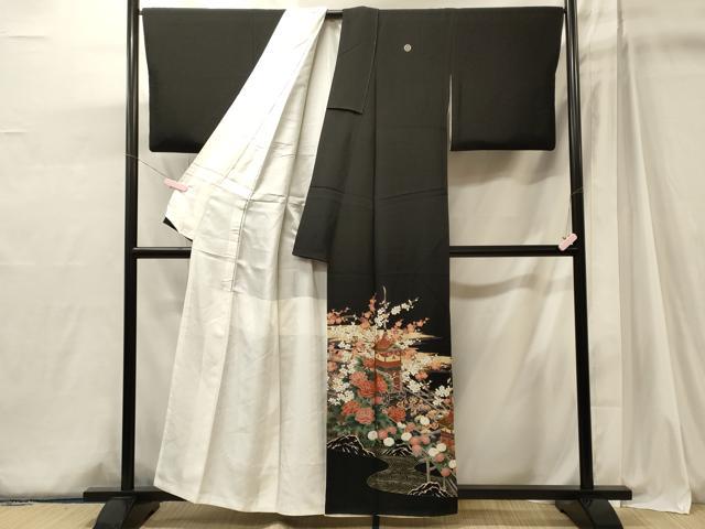 平和屋着物■豪華黒留袖 駒刺繍 渡り橋流水花文 鉾 銀彩 正絹 逸品 CABJ6980oy