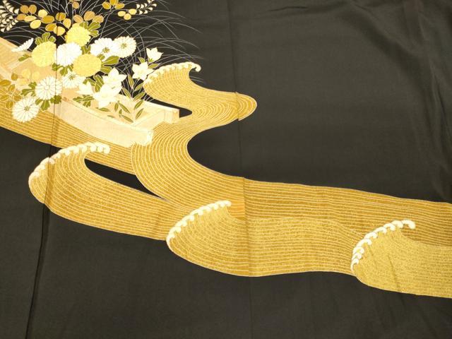 平和屋着物■豪華黒留袖 駒刺繍 立波花文 船 金彩 背抜き仕立て 正絹 逸品 CABJ7006oy