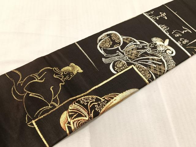 平和屋着物●九寸名古屋帯 平安人物風景文 黒地 金銀糸 正絹 逸品 CABJ7201vp
