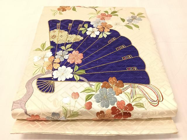 平和屋着物●アンティーク 大正ロマン 総刺繍 太鼓柄袋帯 駒刺繍 檜扇花文 金銀糸 正絹 逸品 CABJ7215vp