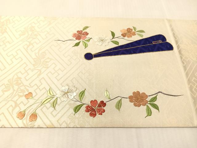 平和屋着物●アンティーク 大正ロマン 総刺繍 太鼓柄袋帯 駒刺繍 檜扇花文 金銀糸 正絹 逸品 CABJ7215vp
