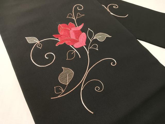 平和屋着物●塩瀬 総刺繍 駒刺繍 九寸名古屋帯 草花文 黒地 正絹 逸品 CABJ7218vp