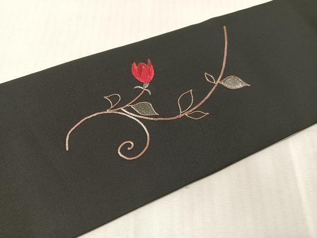 平和屋着物●塩瀬 総刺繍 駒刺繍 九寸名古屋帯 草花文 黒地 正絹 逸品 CABJ7218vp