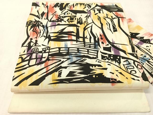 平和屋着物●塩瀬 九寸名古屋帯 人物風景文 正絹 逸品 CABJ7220vp