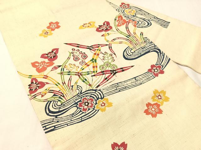 平和屋着物●九寸名古屋帯 紬地 型染め 流水花文 正絹 逸品 CABJ7230vp