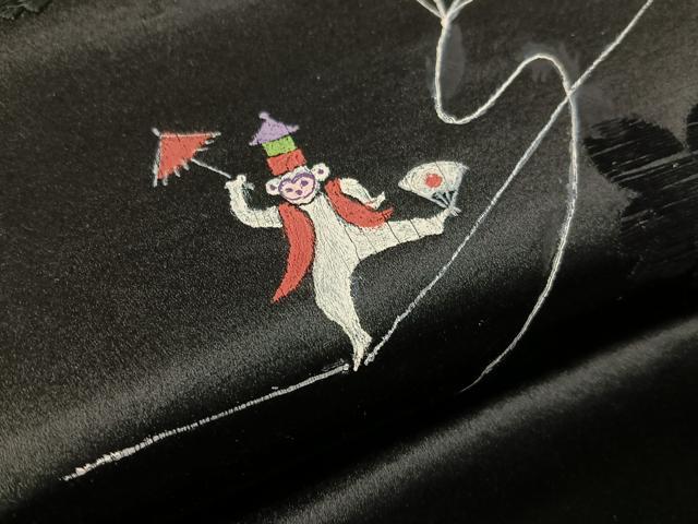 平和屋着物●アンティーク 大正ロマン 九寸開き名古屋帯 手描き 刺繍 猿 黒地 正絹 逸品 CABJ7232vp