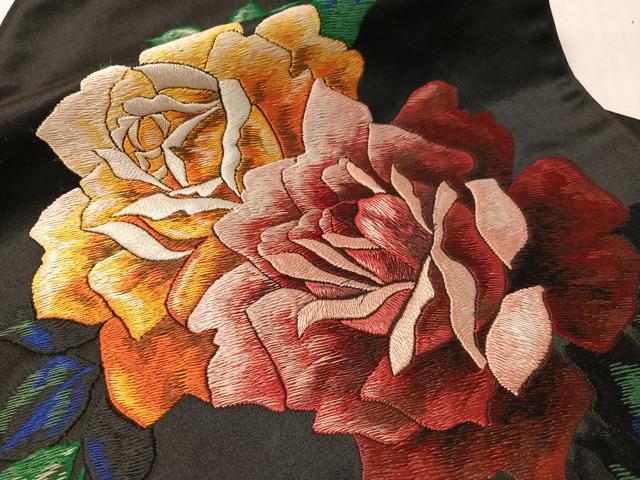 平和屋着物●アンティーク 大正ロマン 総手刺繍 螺鈿 九寸名古屋帯 薔薇 虫 黒地 正絹 逸品 CABJ7233vp