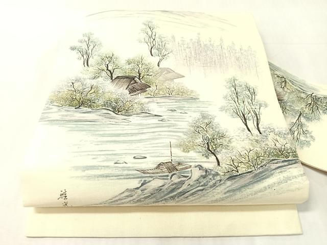 平和屋着物●九寸名古屋帯 作家物 手描き 紬地 風景文 正絹 逸品 CABJ7236vp