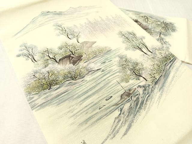 平和屋着物●九寸名古屋帯 作家物 手描き 紬地 風景文 正絹 逸品 CABJ7236vp