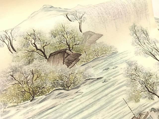 平和屋着物●九寸名古屋帯 作家物 手描き 紬地 風景文 正絹 逸品 CABJ7236vp