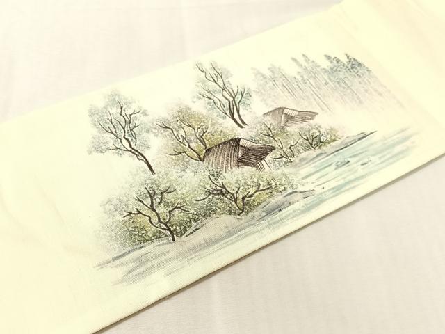 平和屋着物●九寸名古屋帯 作家物 手描き 紬地 風景文 正絹 逸品 CABJ7236vp