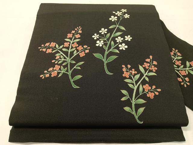 平和屋着物●九寸名古屋帯 草花文 黒地 金彩 正絹 逸品 CABJ7239vp