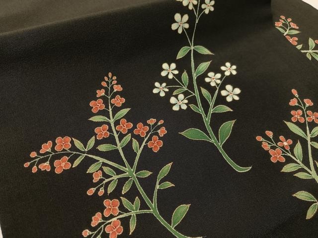 平和屋着物●九寸名古屋帯 草花文 黒地 金彩 正絹 逸品 CABJ7239vp