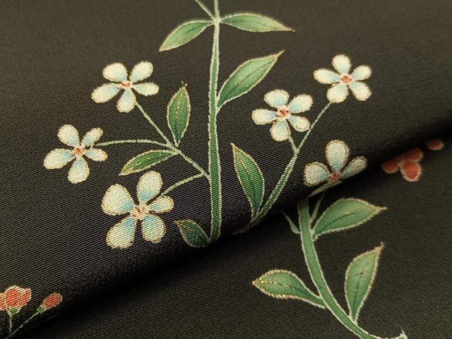 平和屋着物●九寸名古屋帯 草花文 黒地 金彩 正絹 逸品 CABJ7239vp