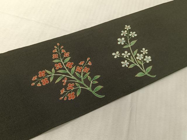 平和屋着物●九寸名古屋帯 草花文 黒地 金彩 正絹 逸品 CABJ7239vp