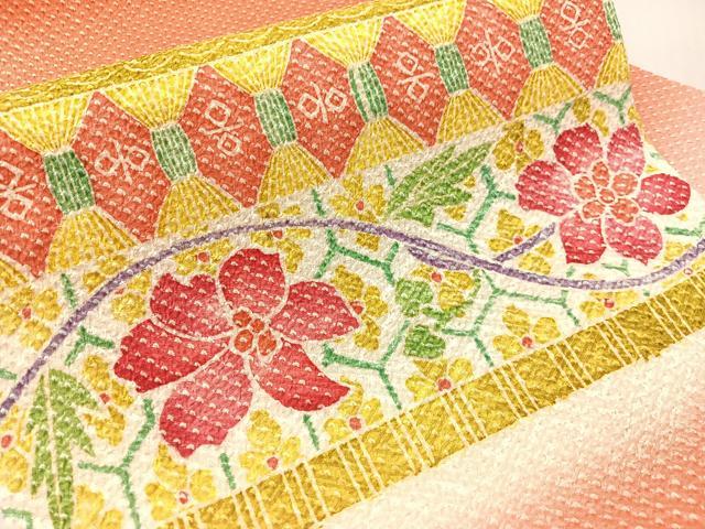 平和屋着物●名門 藤娘きぬたや・総絞り 九寸名古屋帯 横段花文 正絹 逸品 CABJ7246vp