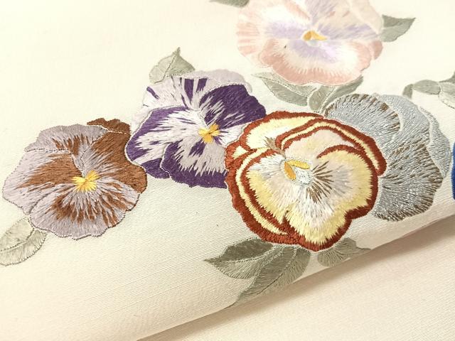 平和屋着物●九寸開き名古屋帯 総刺繍 舞花文 正絹 逸品 CABJ7250vp