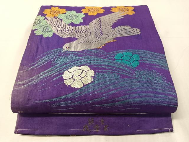 平和屋着物●アンティーク 大正ロマン 両面 六通柄京袋帯 飛鳥花文 鳩 正絹 逸品 CABJ7265vp