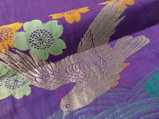 平和屋着物●アンティーク 大正ロマン 両面 六通柄京袋帯 飛鳥花文 鳩 正絹 逸品 CABJ7265vp