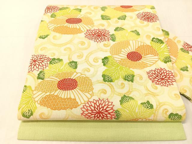 平和屋着物●九寸名古屋帯 紬地 型染め 菊唐草文 正絹 逸品 CABJ7269vp