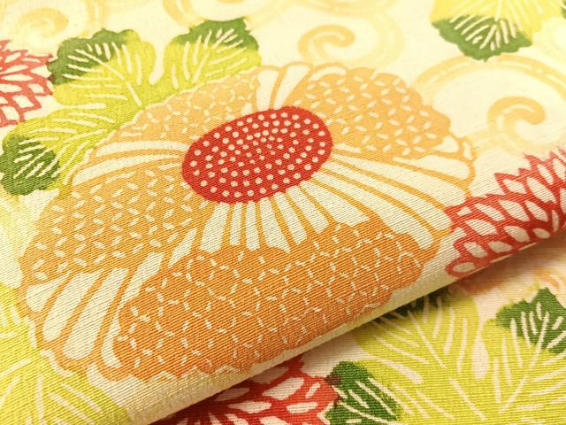 平和屋着物●九寸名古屋帯 紬地 型染め 菊唐草文 正絹 逸品 CABJ7269vp