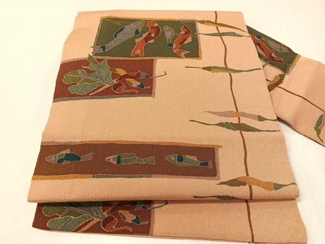 平和屋着物●全通柄 九寸名古屋帯 魚 成り物 金彩 鬼しぼ縮緬 正絹 逸品 CABJ7288vp