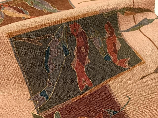 平和屋着物●全通柄 九寸名古屋帯 魚 成り物 金彩 鬼しぼ縮緬 正絹 逸品 CABJ7288vp