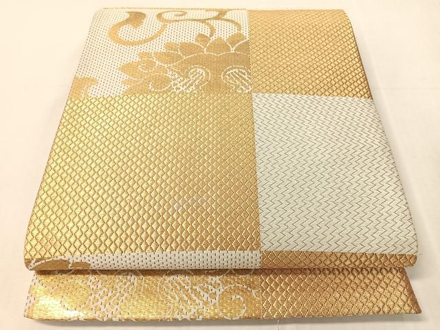 平和屋着物●全通柄袋帯 市松花蝶文 金彩 正絹 逸品 CABJ7289vp